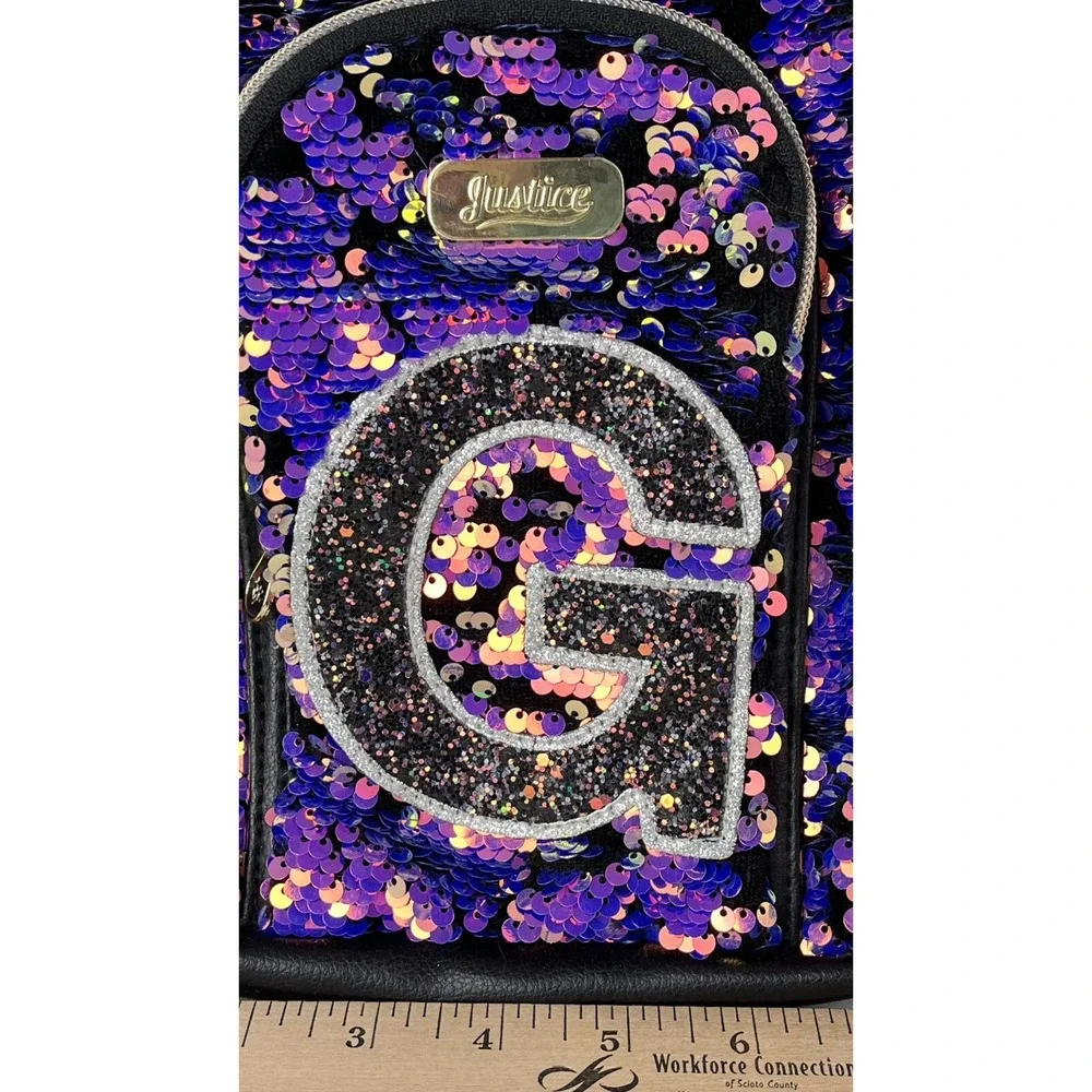 JUSTICE Backpack Purse Monogram Letter G Flip Sequins Multi-color Purple Gold